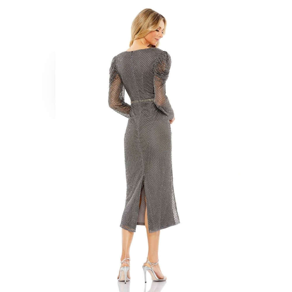NWT- Mac Duggal Gray Beaded Wrap Over Puff Sleeve Dress Sz 14 - Picture 2 of 12